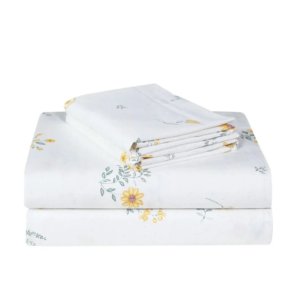 Leila Yellow Floral 100% Cotton Sheet Set with Pillowcases Cottagecore Farmhouse